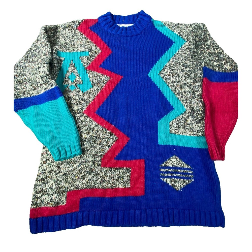 Vintage Genesis Sweater Mens Med Blue Colorblock Geometric 90s Chunky Knit Retro